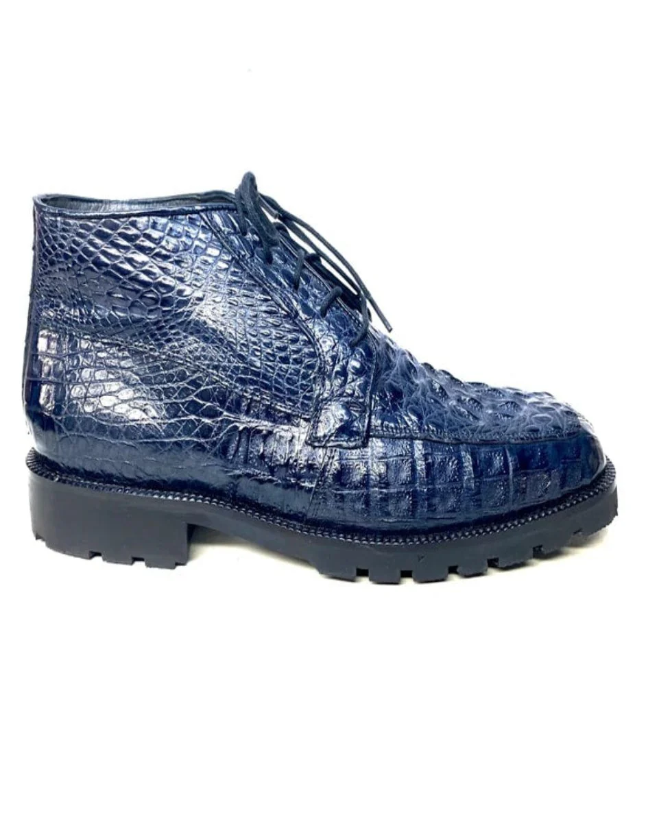 Los Altos Navy Hornback All-Over Crocodile Lace Up Ankle Boots - Image 2