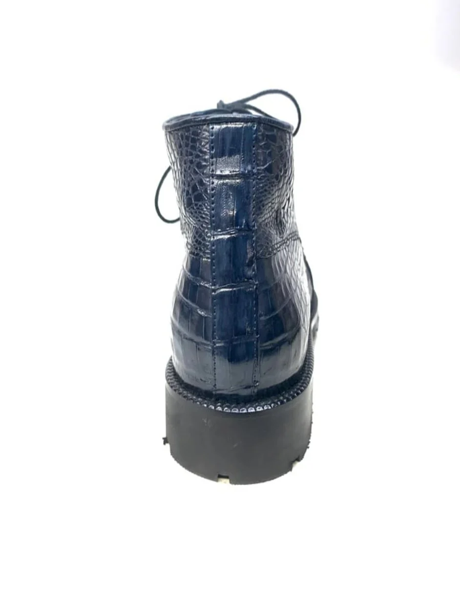 Los Altos Navy Hornback All-Over Crocodile Lace Up Ankle Boots - Image 5
