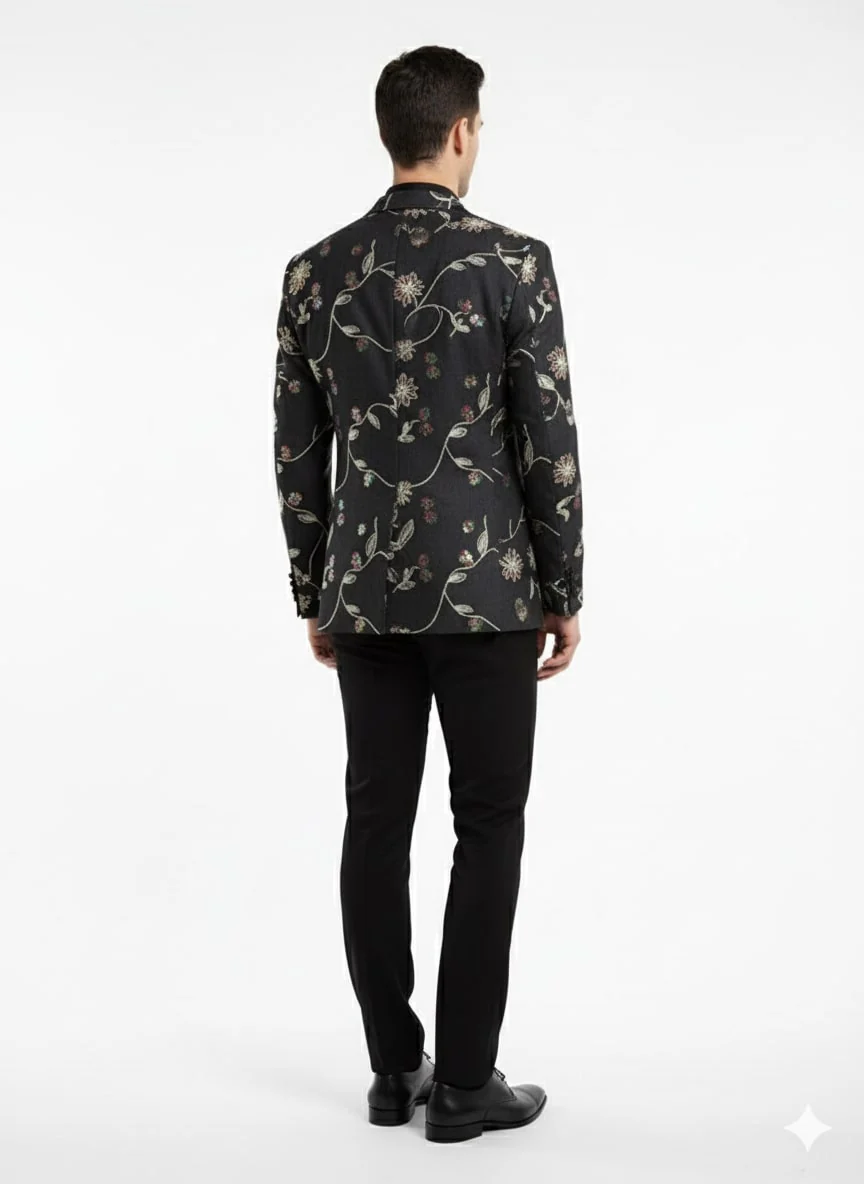 Luxury Black Floral Embroidered Blazer for Men – Designer Party and Wedding Wear Jacket - Image 3