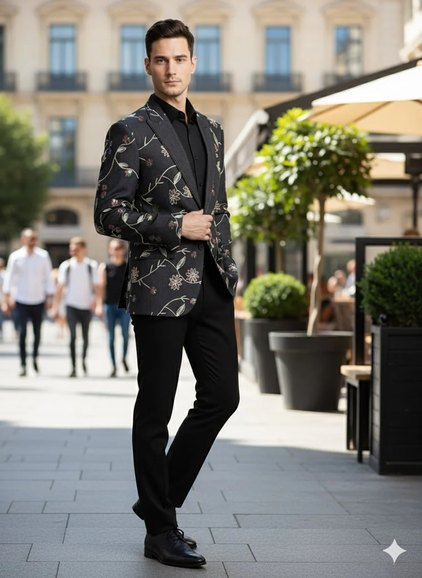 Luxury Black Floral Embroidered Blazer for Men – Designer Party and Wedding Wear Jacket - Image 5