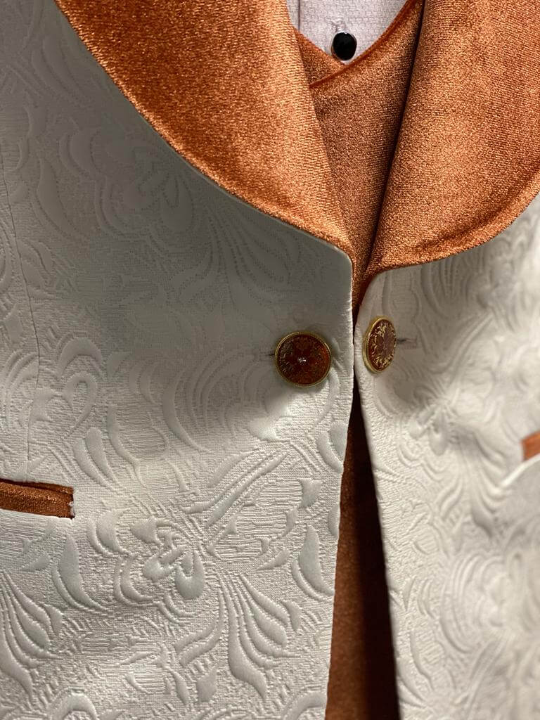 Luxury White Wedding Tuxedo with Orange Velvet Shawl Collar - Image 3