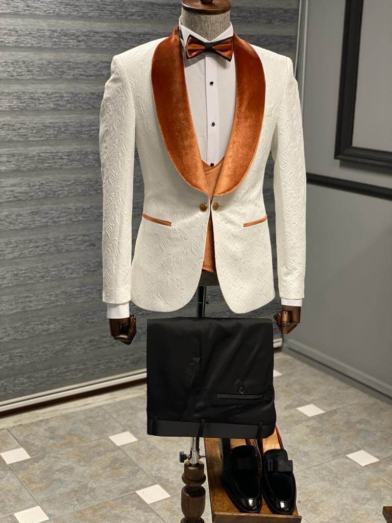 Luxury White Wedding Tuxedo with Orange Velvet Shawl Collar - Image 4