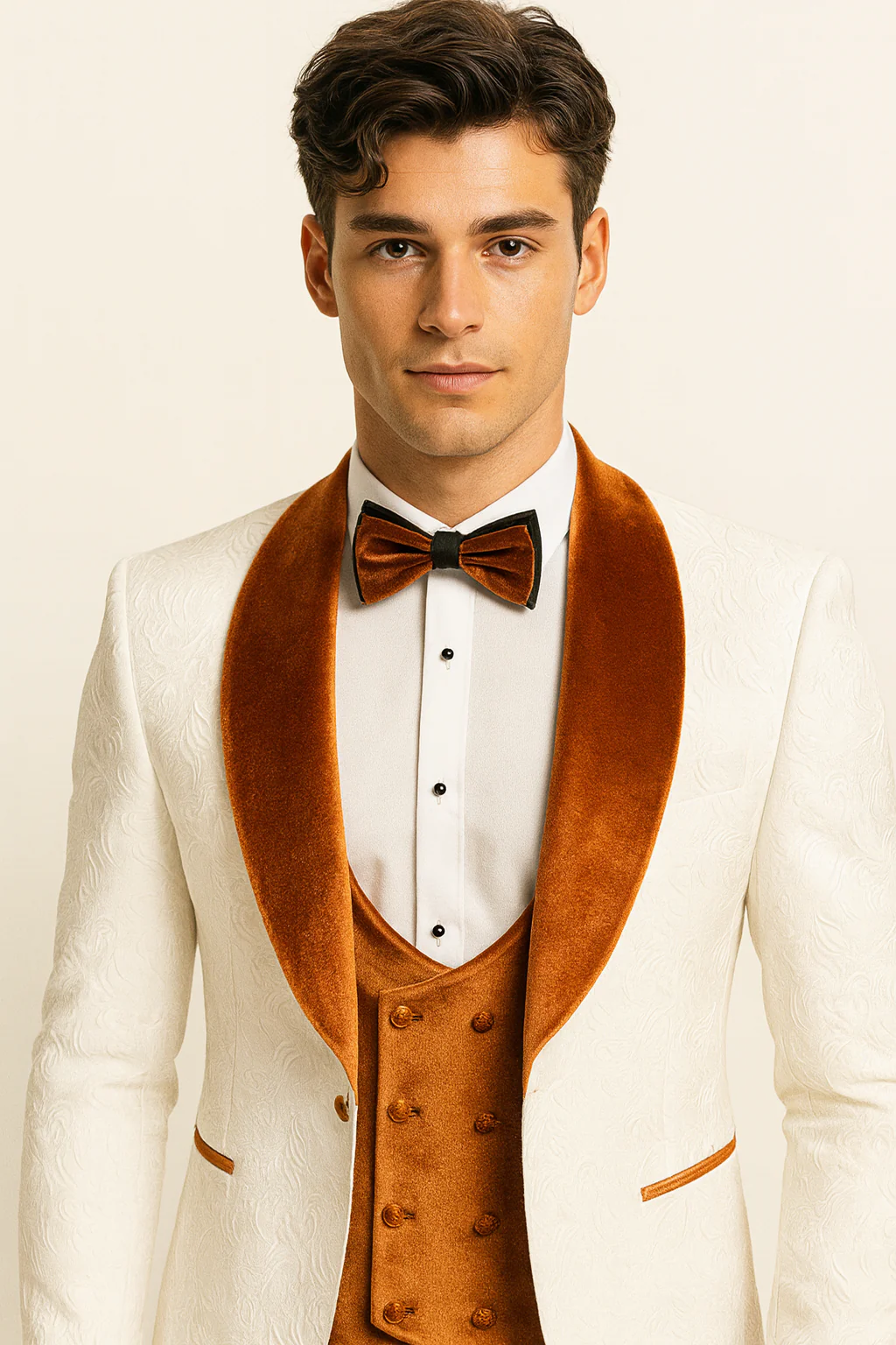 Marco Lorenzo Premium Paisley Burnt Orange Velvet 4pc Suit W/ Matching Bowtie