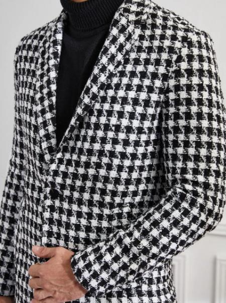 Men Houndstooth Lapel Collar Single Breasted Tweed Overcoat - Image 2