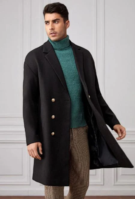 Men Lapel Collar Double Breasted Overcoat - Image 4