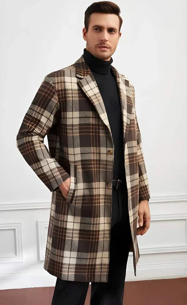 Men Plaid Lapel Neck Slant Pockets Overcoat Charcoal Gray