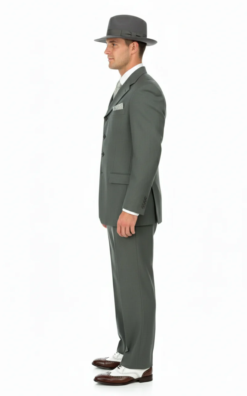 Men’s 1920s Gray Zoot Suit  – 4 Buttons  Gangster Wide Lapel Long Jacket 3-Piece Suit in Grey Color Classic Fit Pleated Pants - Image 2