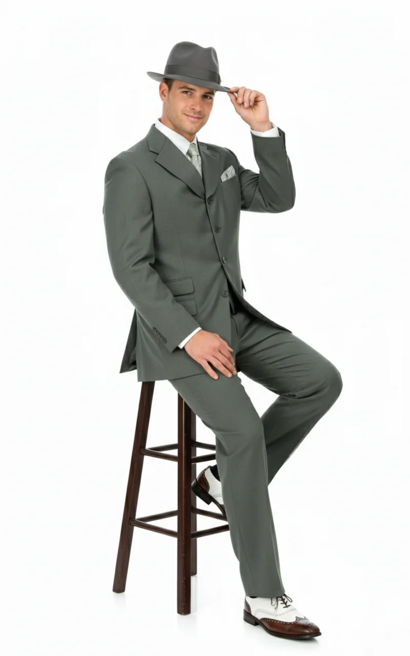 Men’s 1920s Gray Zoot Suit  – 4 Buttons  Gangster Wide Lapel Long Jacket 3-Piece Suit in Grey Color Classic Fit Pleated Pants - Image 3