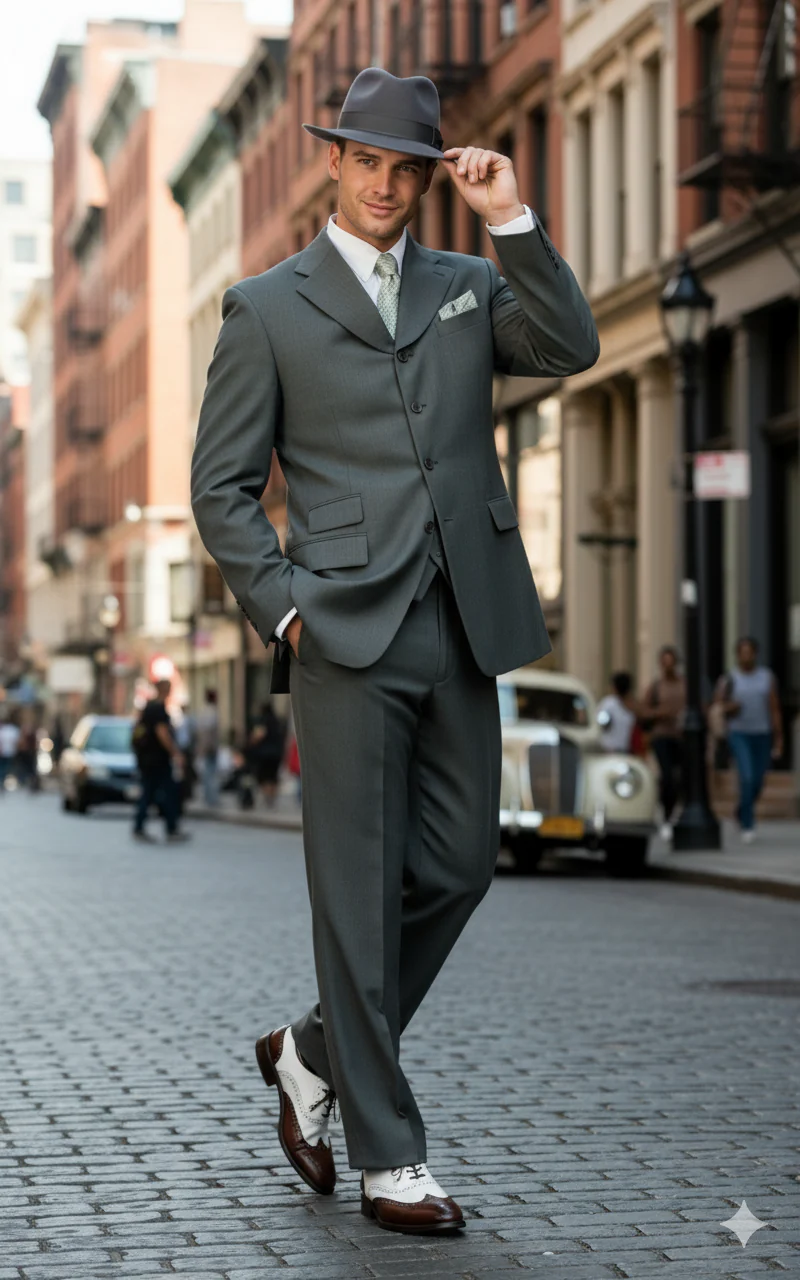 Men’s 1920s Gray Zoot Suit  – 4 Buttons  Gangster Wide Lapel Long Jacket 3-Piece Suit in Grey Color Classic Fit Pleated Pants - Image 4