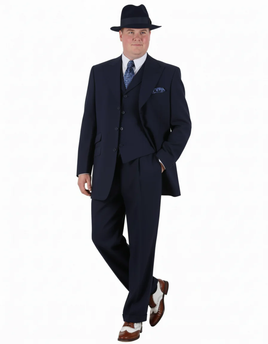 Men’s 1920s Navy Blue Zoot Suit with Fedora Hat and Wingtip Shoes – Classic Gangster 3-Piece Long  - Classic Fit Pleated Pants - Image 2