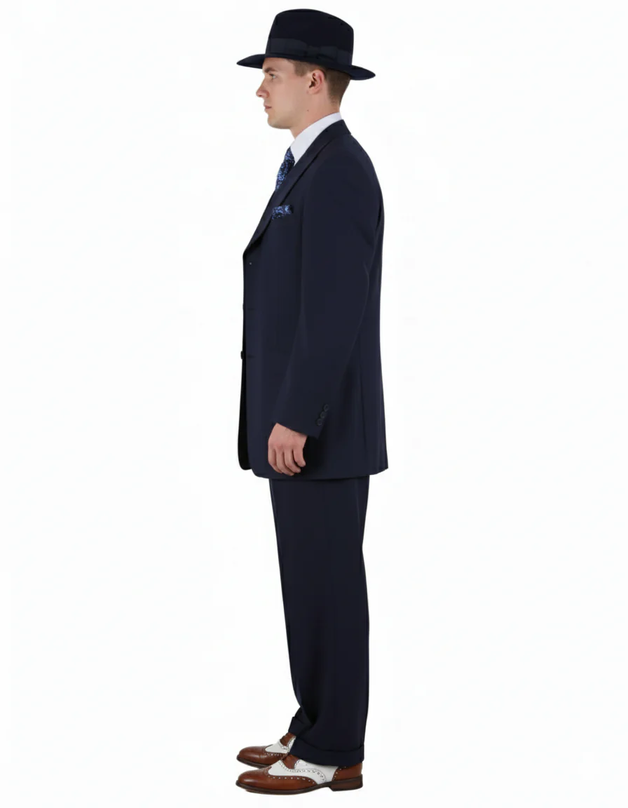 Men’s 1920s Navy Blue Zoot Suit with Fedora Hat and Wingtip Shoes – Classic Gangster 3-Piece Long  - Classic Fit Pleated Pants - Image 6