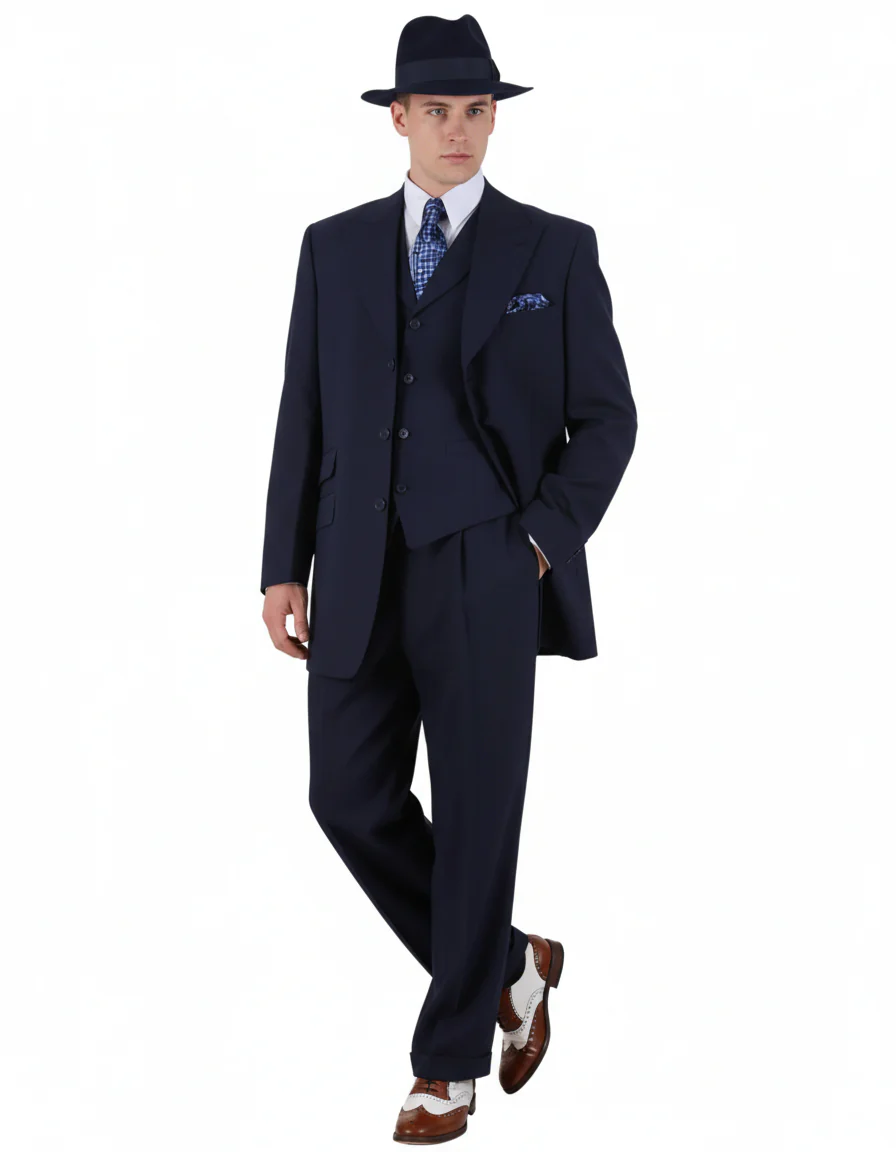 Men’s 1920s Navy Blue Zoot Suit with Fedora Hat and Wingtip Shoes – Classic Gangster 3-Piece Long  - Classic Fit Pleated Pants - Image 8