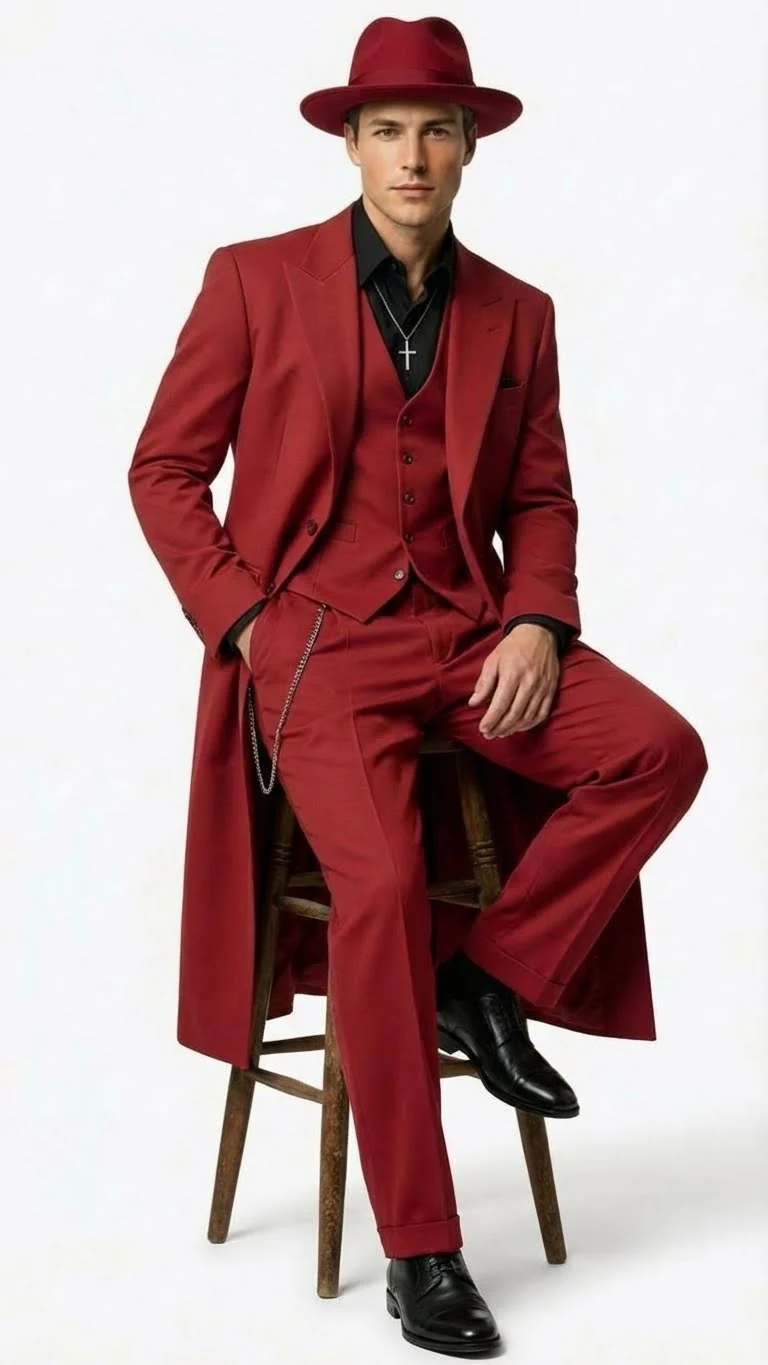 Men’s 1920s Red Zoot Suit – Long Mafia Gangster Three-Piece Vintage Outfit Zuit Pachuco Style - Image 4