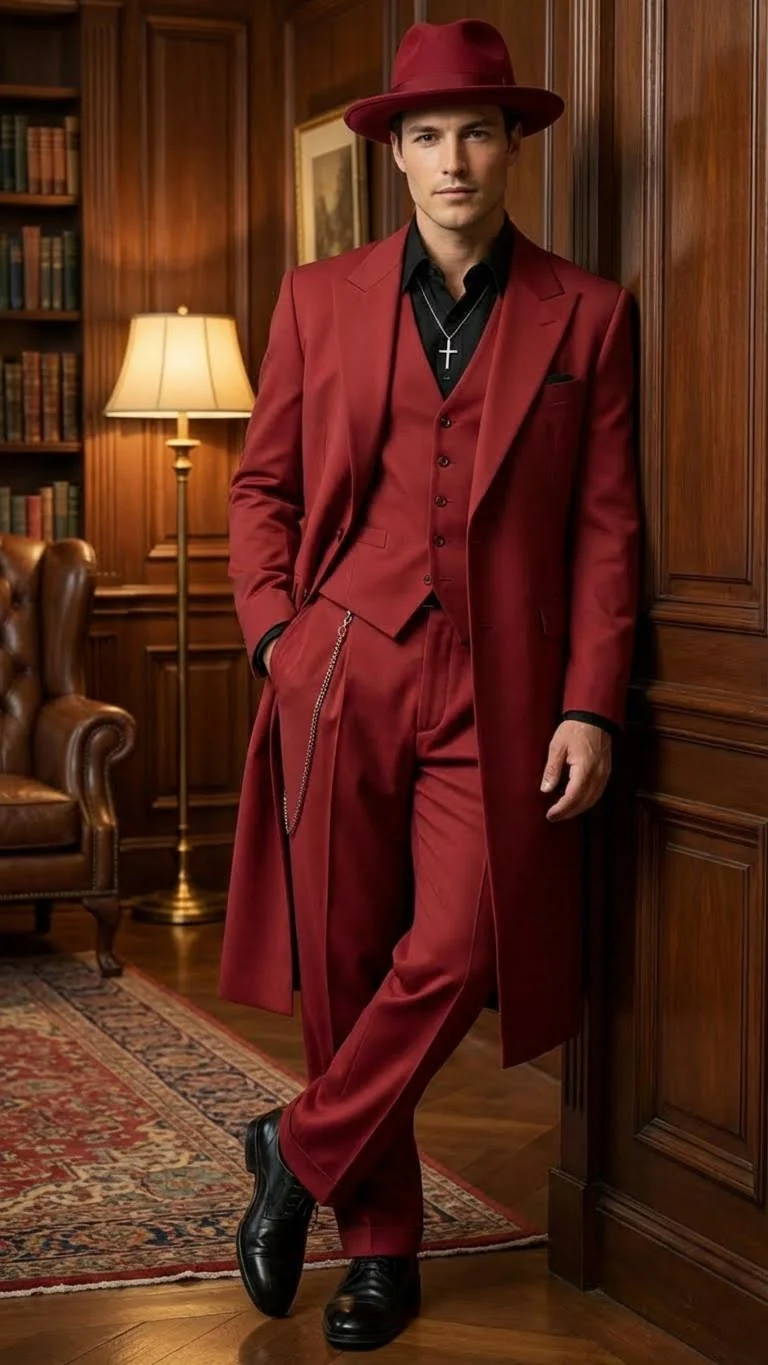Men’s 1920s Red Zoot Suit – Long Mafia Gangster Three-Piece Vintage Outfit Zuit Pachuco Style - Image 7