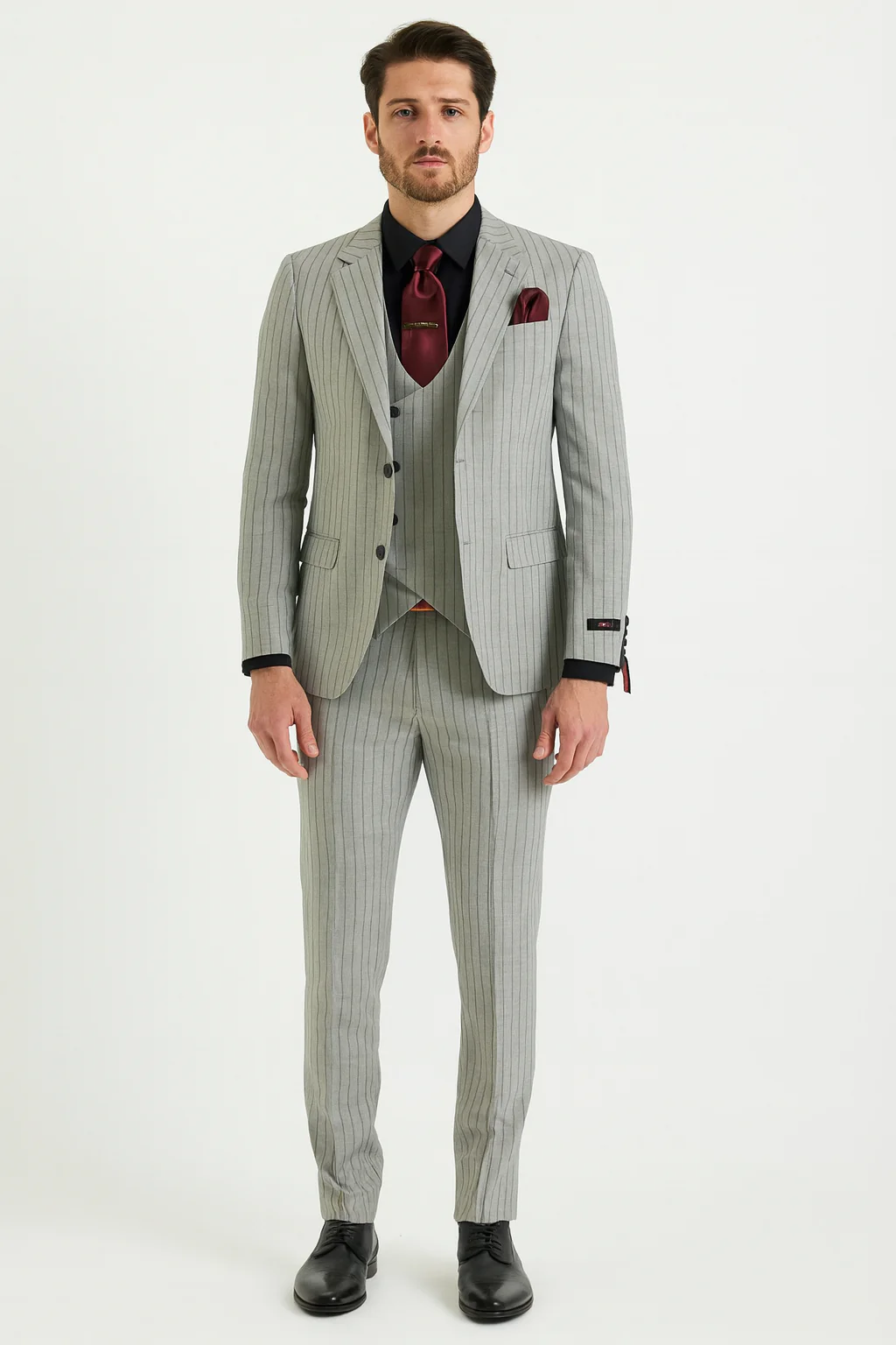Men’s 3-Piece Light Grey Pinstripe Suit with Vest – Classic Business, Wedding, and Formal Attire - Image 3