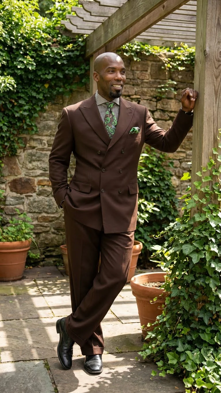 Men’s 6 on 3 Style Brown Double Breasted Suit with Wide Leg Pleated Pants, Classic Formal 2 Piece Dress Suit Set - Image 6