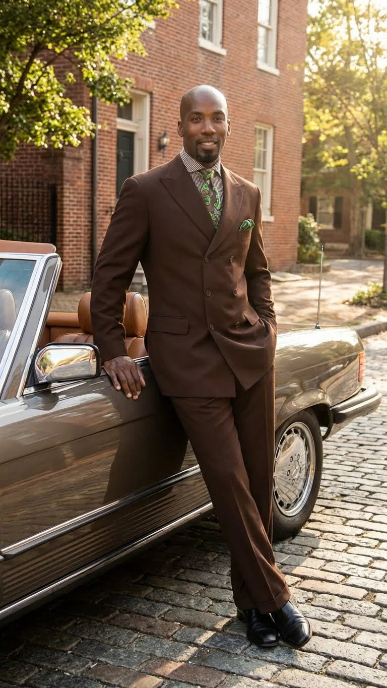 Men’s 6 on 3 Style Brown Double Breasted Suit with Wide Leg Pleated Pants, Classic Formal 2 Piece Dress Suit Set - Image 8