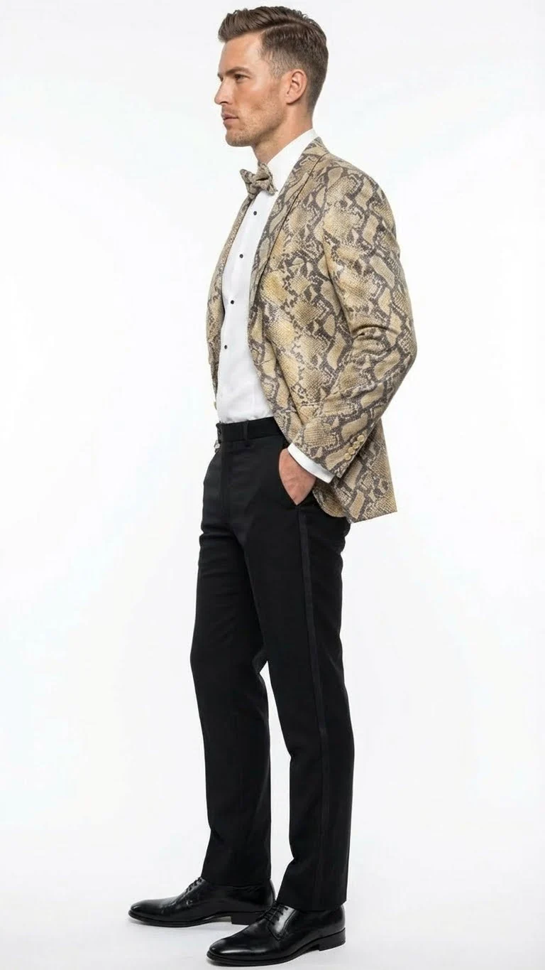 Men’s Beige and Black Snakeskin Print Blazer – Alligator Crocodile Exotic Sking Sport Coat Jacket in Tan Camel Color - Image 3