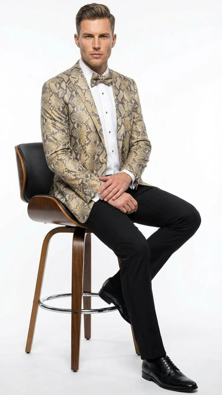 Men’s Beige and Black Snakeskin Print Blazer – Alligator Crocodile Exotic Sking Sport Coat Jacket in Tan Camel Color - Image 4