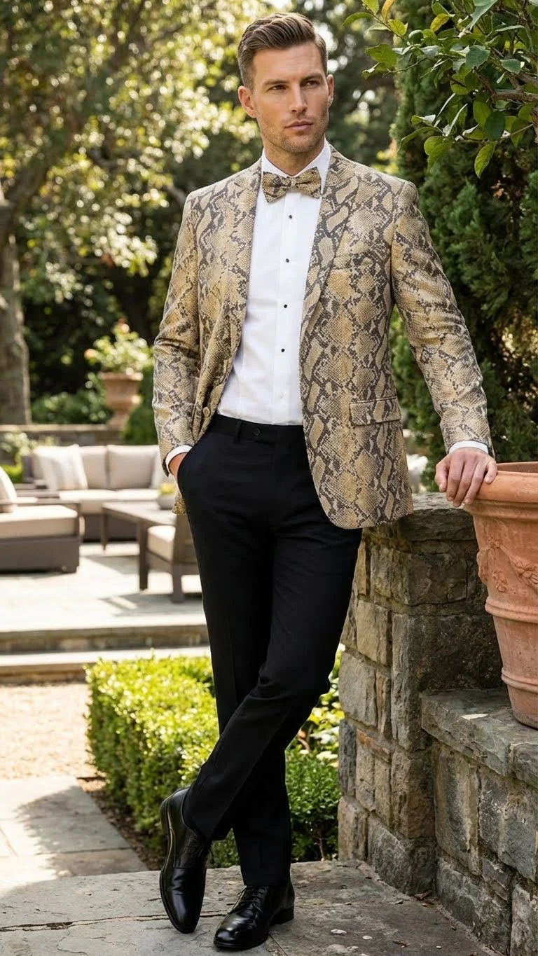 Men’s Beige and Black Snakeskin Print Blazer – Alligator Crocodile Exotic Sking Sport Coat Jacket in Tan Camel Color - Image 5