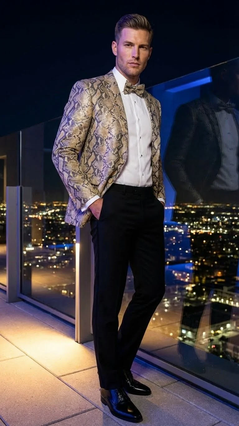 Men’s Beige and Black Snakeskin Print Blazer – Alligator Crocodile Exotic Sking Sport Coat Jacket in Tan Camel Color - Image 6