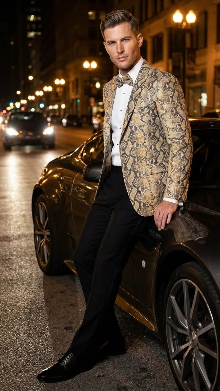Men’s Beige and Black Snakeskin Print Blazer – Alligator Crocodile Exotic Sking Sport Coat Jacket in Tan Camel Color - Image 7