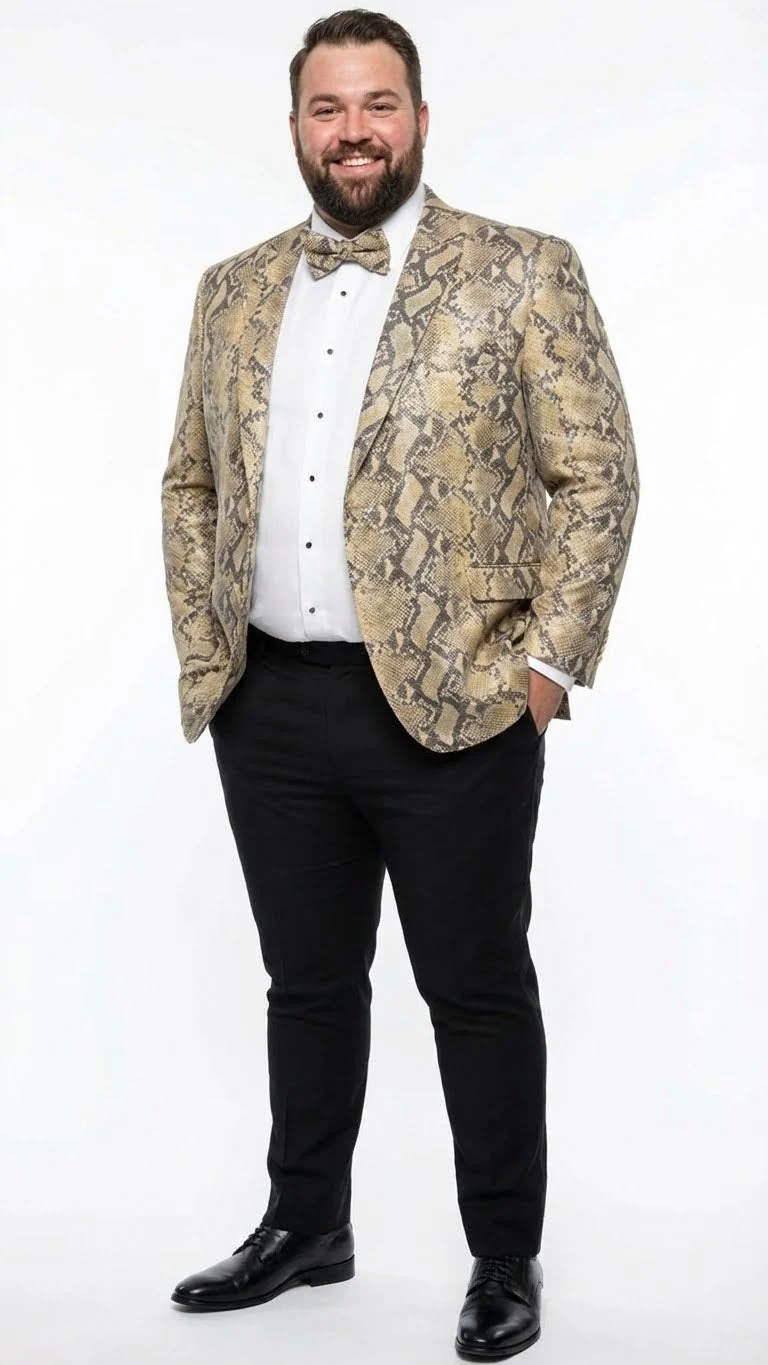 Men’s Beige and Black Snakeskin Print Blazer – Alligator Crocodile Exotic Sking Sport Coat Jacket in Tan Camel Color - Image 8