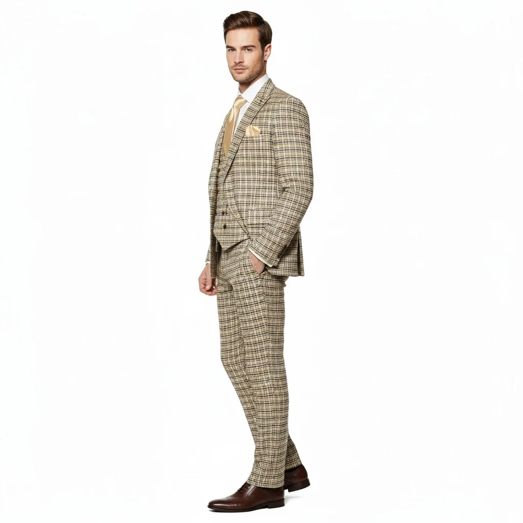 Men’s Beige and Navy Check 3-Piece Suit Set – Premium Tailored Fit Formal Wedding and Business Suit By Rossiman - Image 3