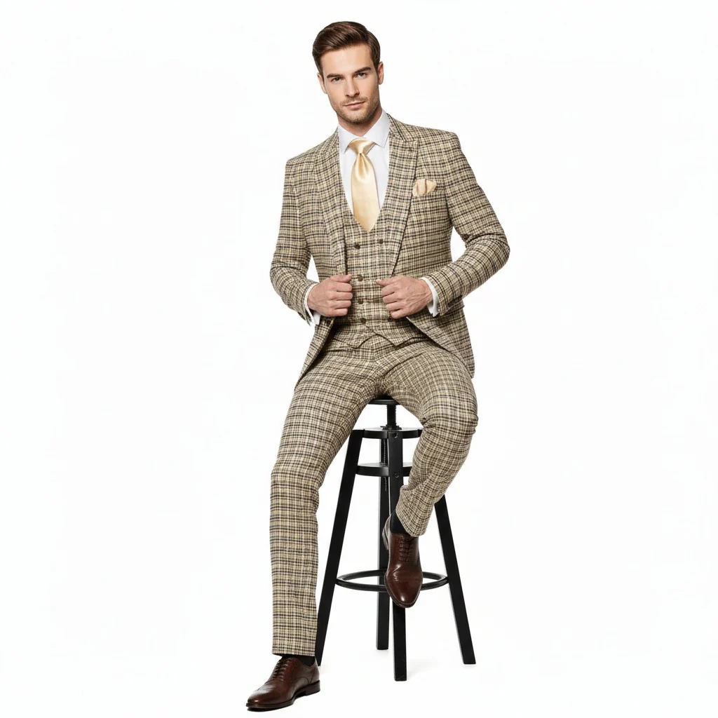 Men’s Beige and Navy Check 3-Piece Suit Set – Premium Tailored Fit Formal Wedding and Business Suit By Rossiman - Image 4