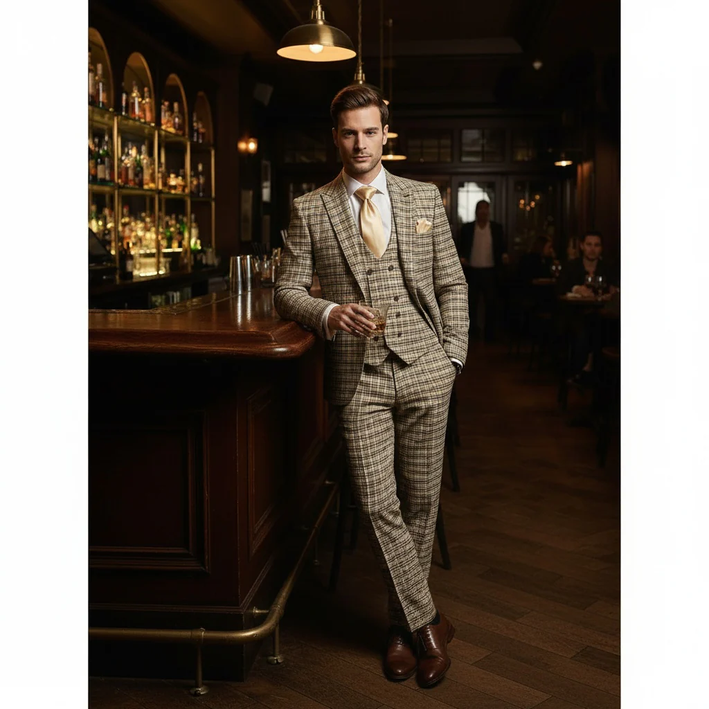 Men’s Beige and Navy Check 3-Piece Suit Set – Premium Tailored Fit Formal Wedding and Business Suit By Rossiman - Image 6