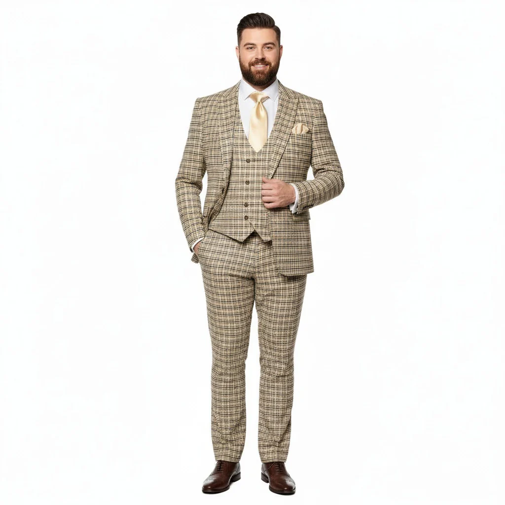 Men’s Beige and Navy Check 3-Piece Suit Set – Premium Tailored Fit Formal Wedding and Business Suit By Rossiman - Image 7