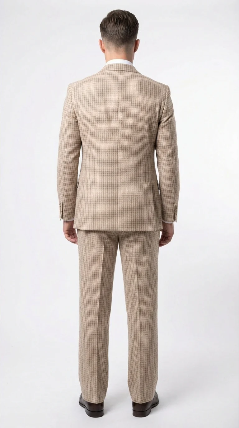 Men’s Beige tan Checkered Three Piece Suit with Classic Fit Wide Leg Pleated Pants by Rossiman khaki color - Image 2