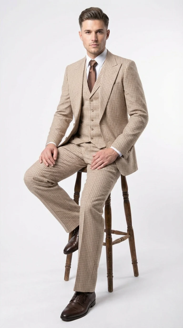 Men’s Beige tan Checkered Three Piece Suit with Classic Fit Wide Leg Pleated Pants by Rossiman khaki color - Image 4
