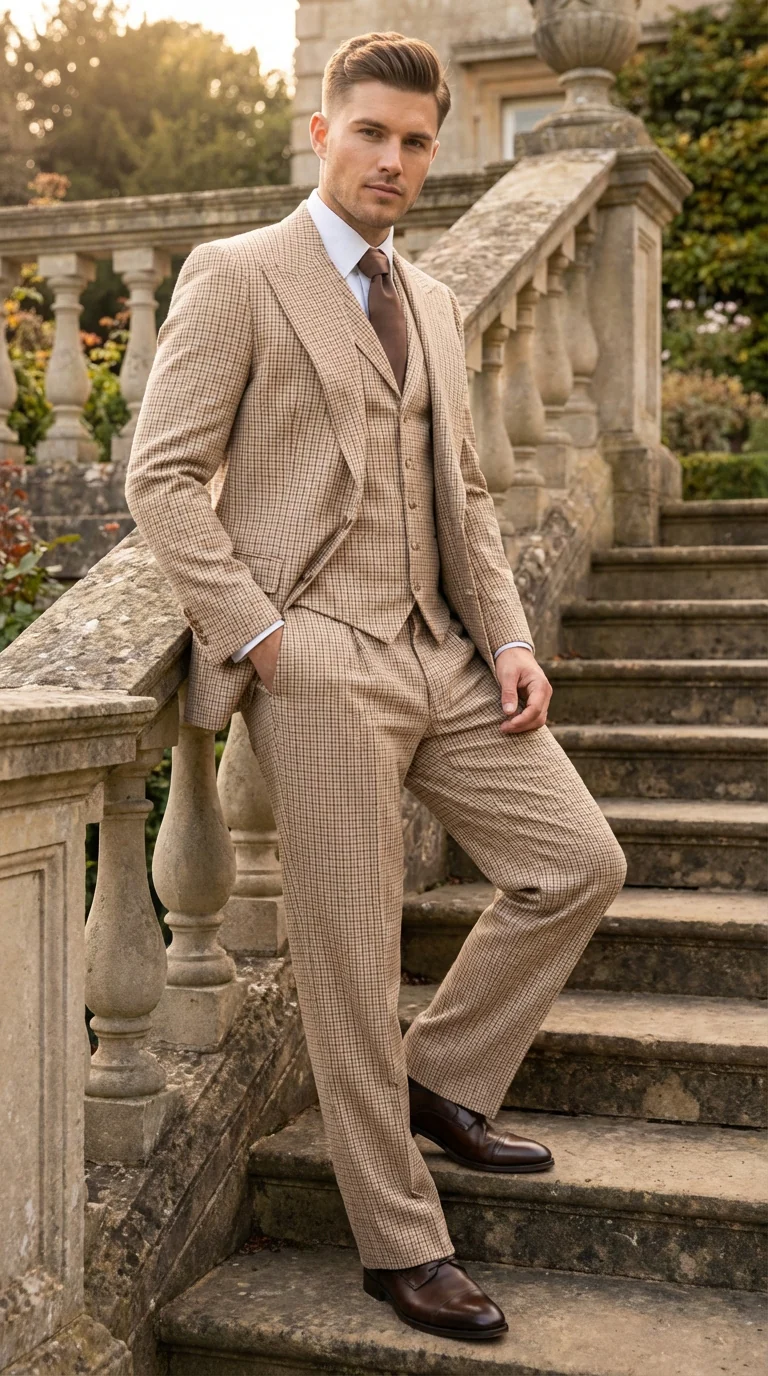 Men’s Beige tan Checkered Three Piece Suit with Classic Fit Wide Leg Pleated Pants by Rossiman khaki color - Image 6