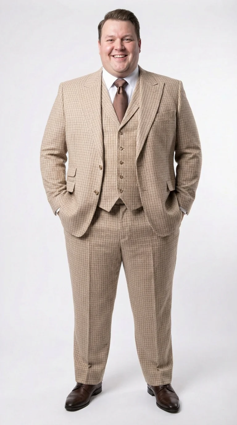 Men’s Beige tan Checkered Three Piece Suit with Classic Fit Wide Leg Pleated Pants by Rossiman khaki color - Image 7