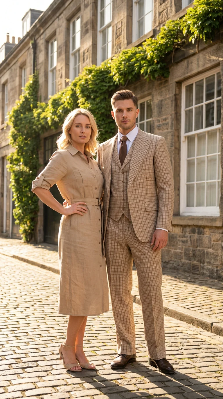 Men’s Beige tan Checkered Three Piece Suit with Classic Fit Wide Leg Pleated Pants by Rossiman khaki color - Image 8