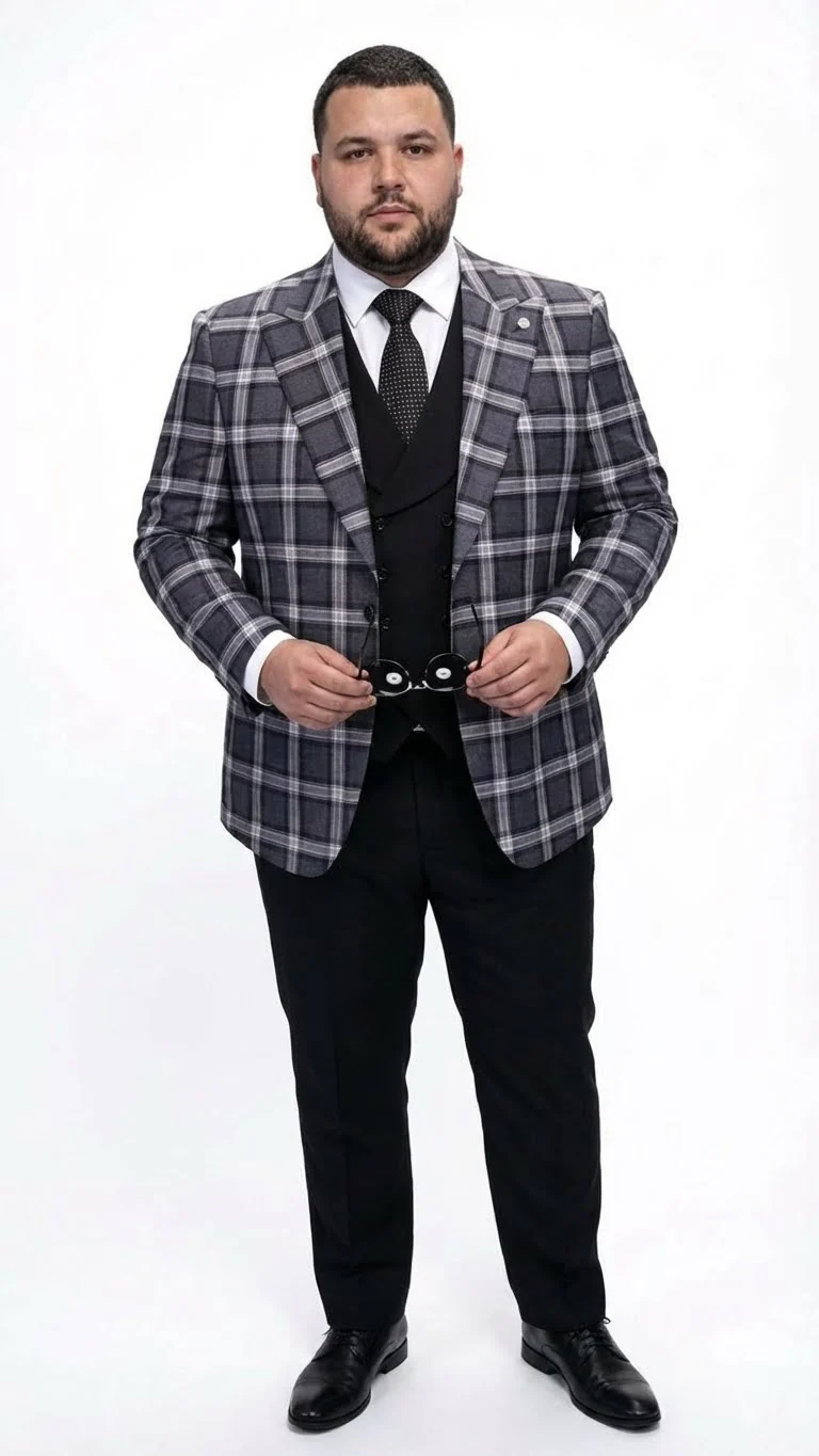 Men’s Big and Tall Charcoal Gray and Black Plaid Blazer – Grey Checker Windowpane Sport Coat - Image 3