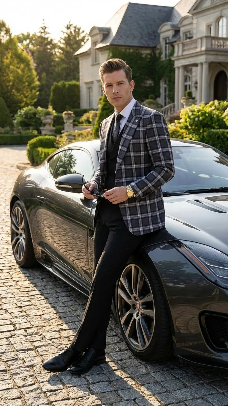 Men’s Big and Tall Charcoal Gray and Black Plaid Blazer – Grey Checker Windowpane Sport Coat - Image 4