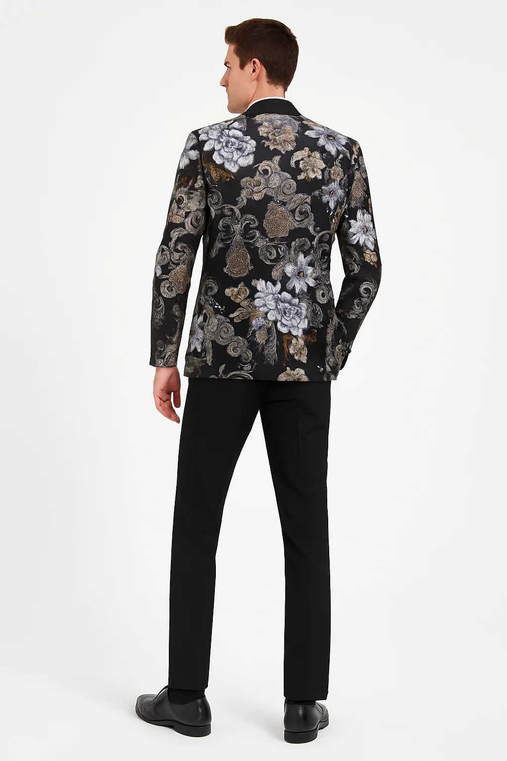 Men’s Black and Gold and Silver Floral Jacquard Blazer with Satin Shawl Lapel Tuxedo Suit With Black Pants with Bowtie - Image 3
