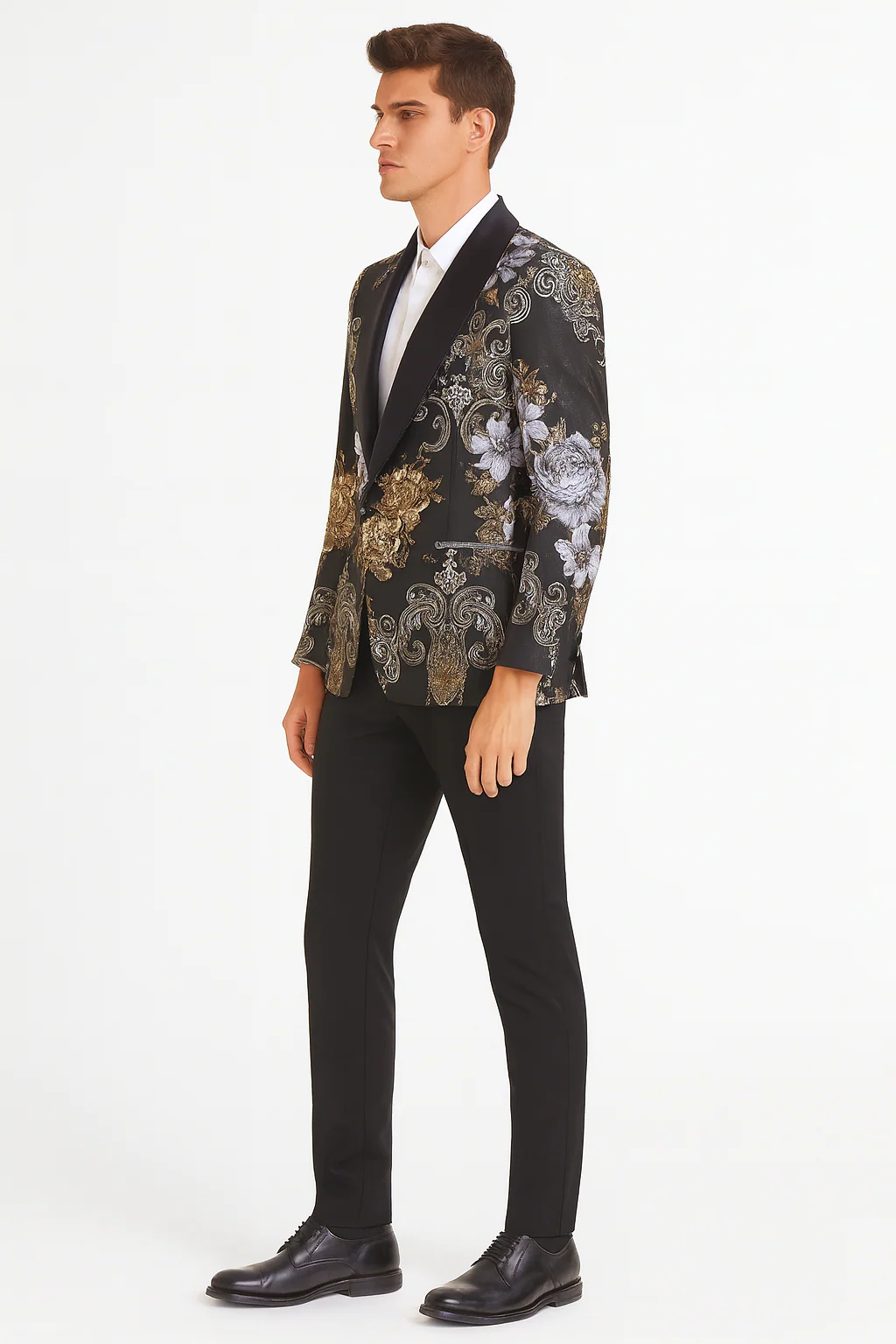 Men’s Black and Gold and Silver Floral Jacquard Blazer with Satin Shawl Lapel Tuxedo Suit With Black Pants with Bowtie - Image 4
