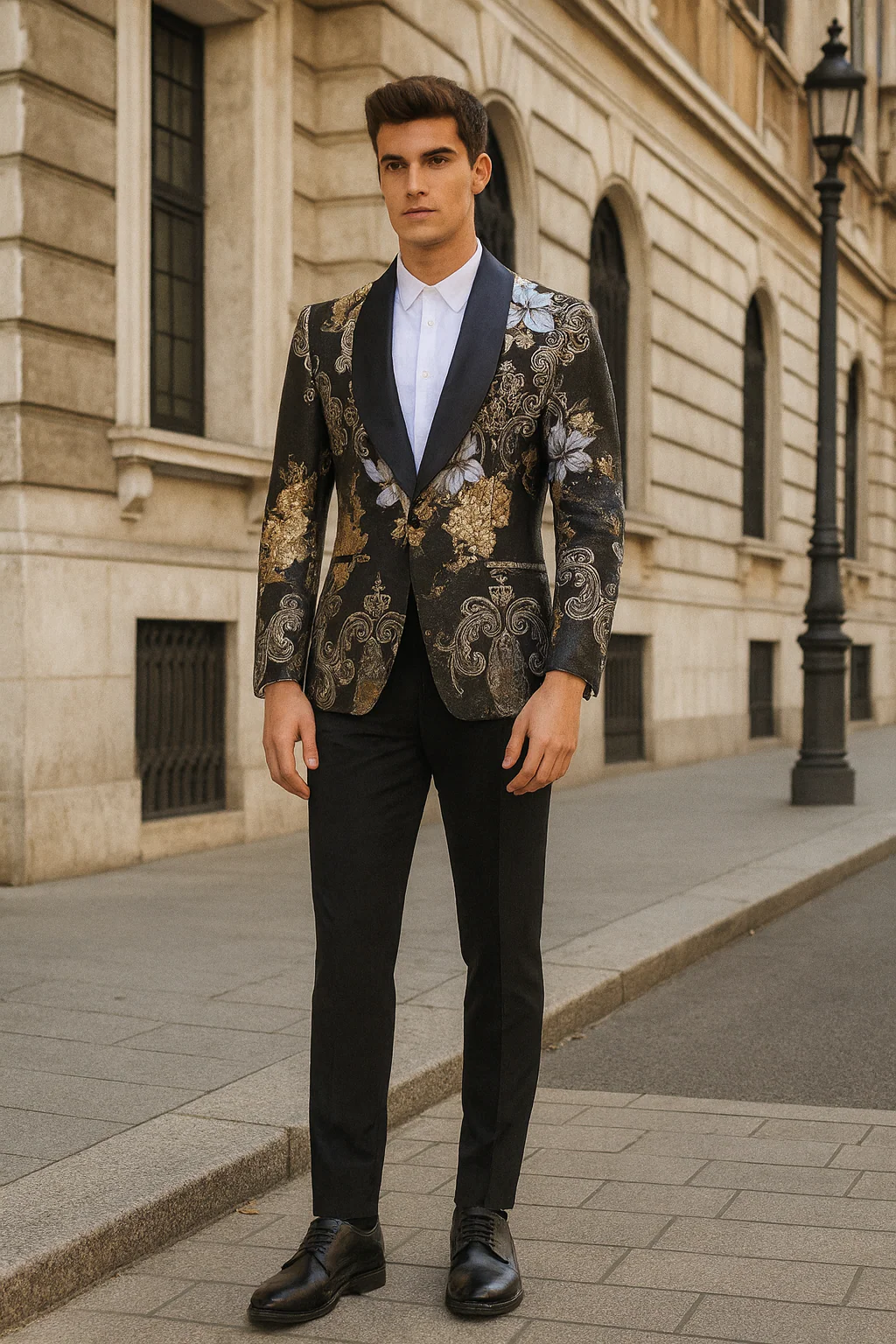 Men’s Black and Gold and Silver Floral Jacquard Blazer with Satin Shawl Lapel Tuxedo Suit With Black Pants with Bowtie - Image 5
