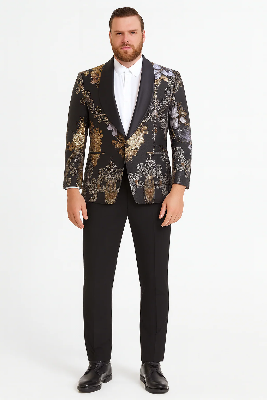 Men’s Black and Gold and Silver Floral Jacquard Blazer with Satin Shawl Lapel Tuxedo Suit With Black Pants with Bowtie - Image 6