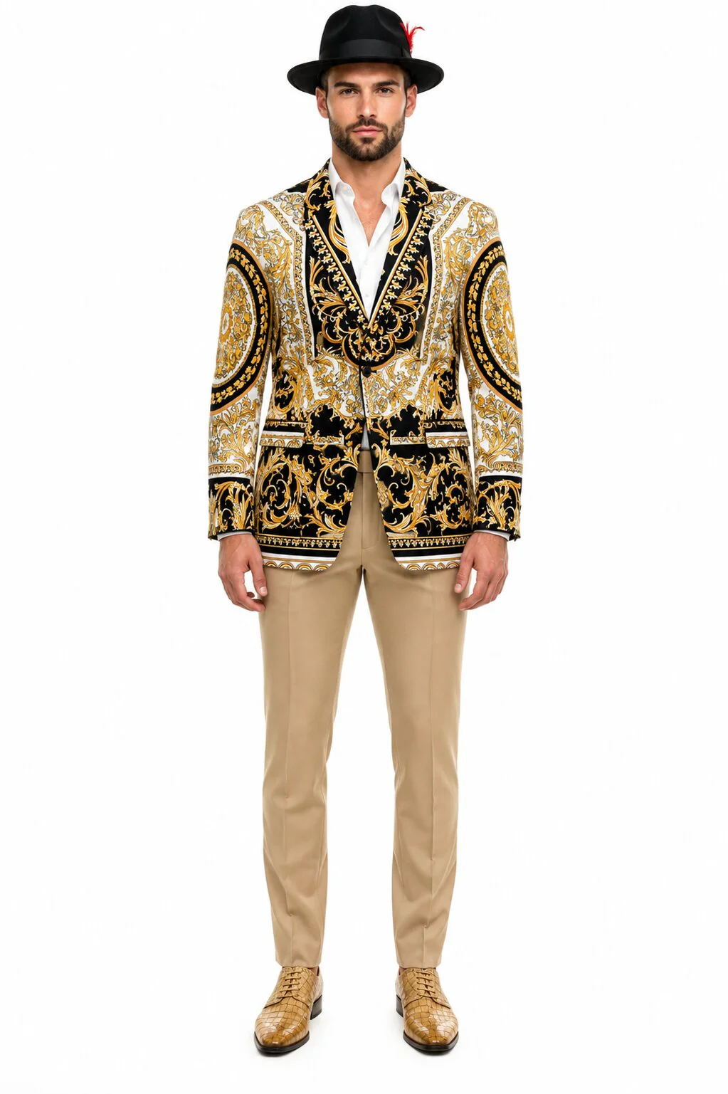 Men’s Black and Gold Baroque Blazer with Matching Pants, Hat, and Shoes – Luxury Party and Wedding Outfit Set