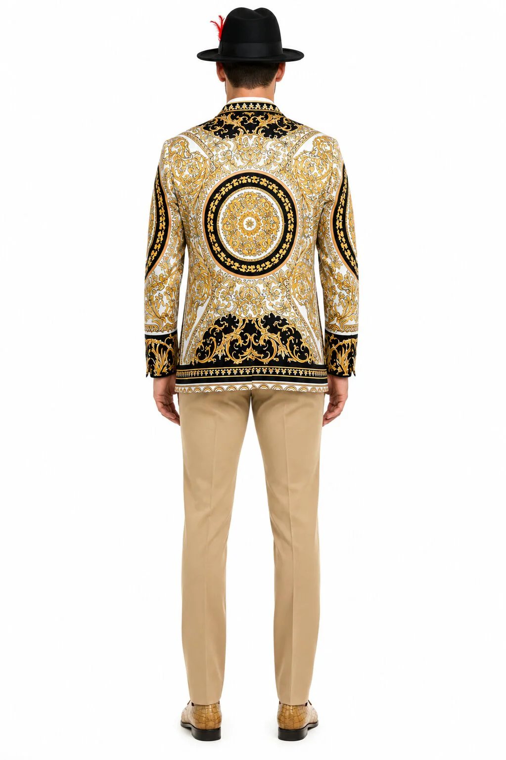 Men’s Black and Gold Baroque Blazer with Matching Pants, Hat, and Shoes – Luxury Party and Wedding Outfit Set - Image 2