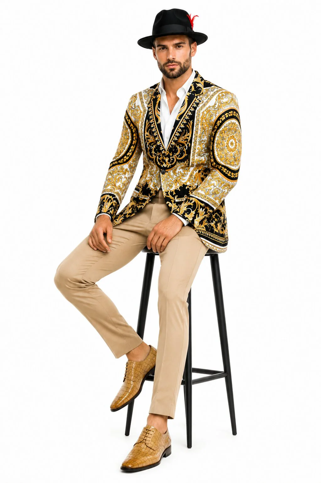 Men’s Black and Gold Baroque Blazer with Matching Pants, Hat, and Shoes – Luxury Party and Wedding Outfit Set - Image 3