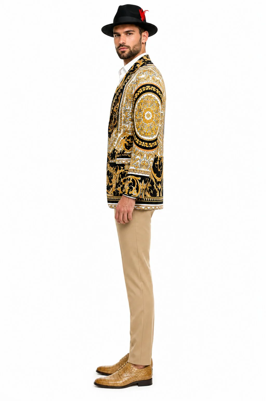 Men’s Black and Gold Baroque Blazer with Matching Pants, Hat, and Shoes – Luxury Party and Wedding Outfit Set - Image 4