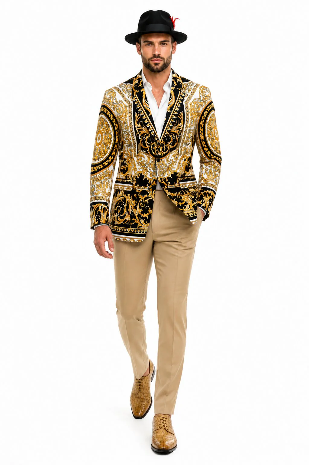 Men’s Black and Gold Baroque Blazer with Matching Pants, Hat, and Shoes – Luxury Party and Wedding Outfit Set - Image 5