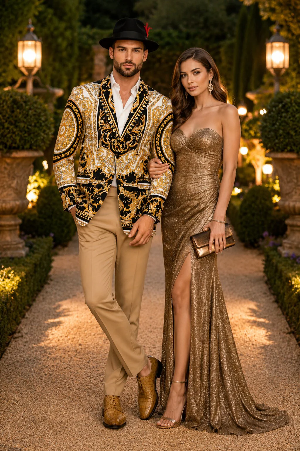 Men’s Black and Gold Baroque Blazer with Matching Pants, Hat, and Shoes – Luxury Party and Wedding Outfit Set - Image 6