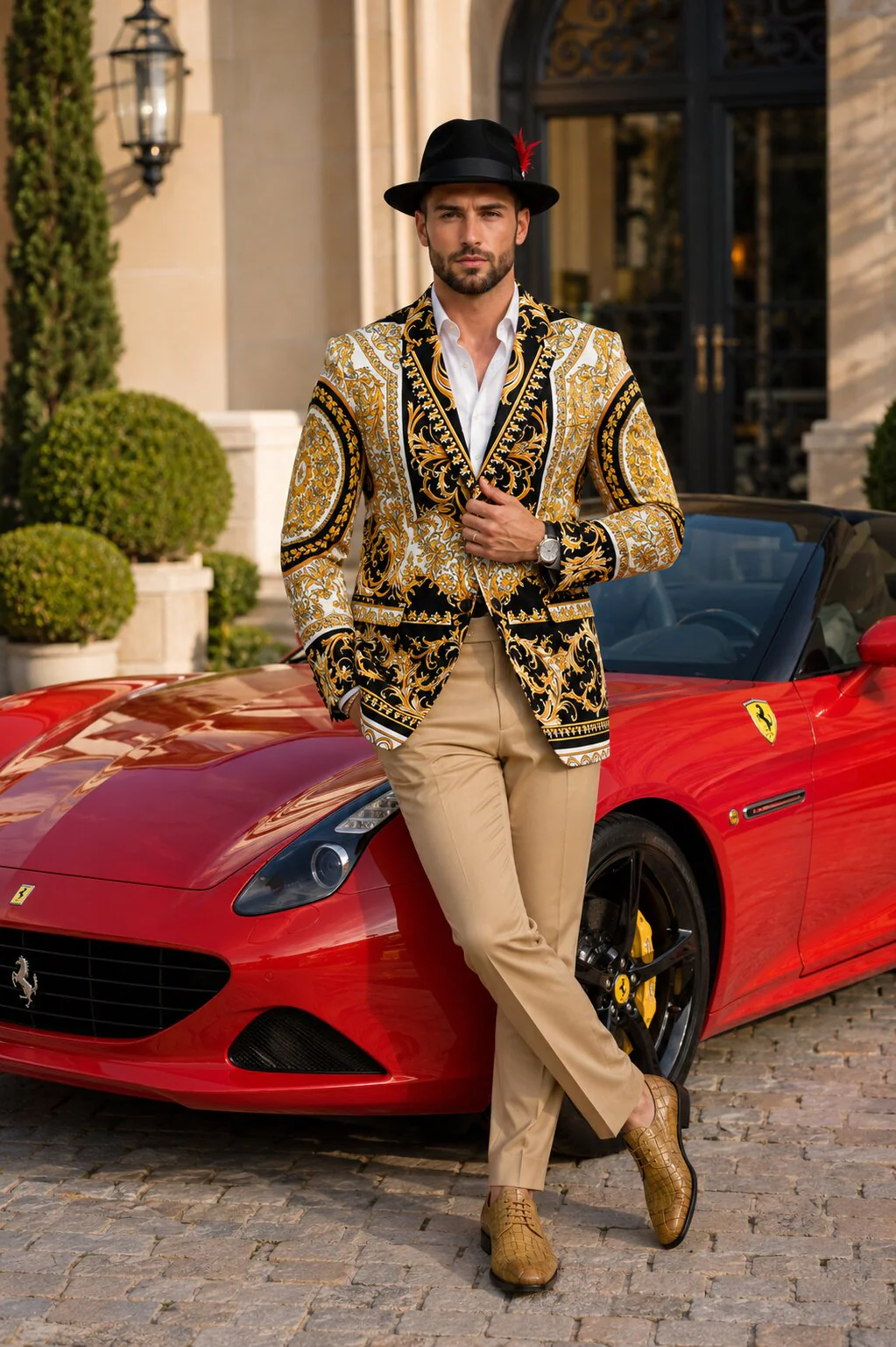 Men’s Black and Gold Baroque Blazer with Matching Pants, Hat, and Shoes – Luxury Party and Wedding Outfit Set - Image 7