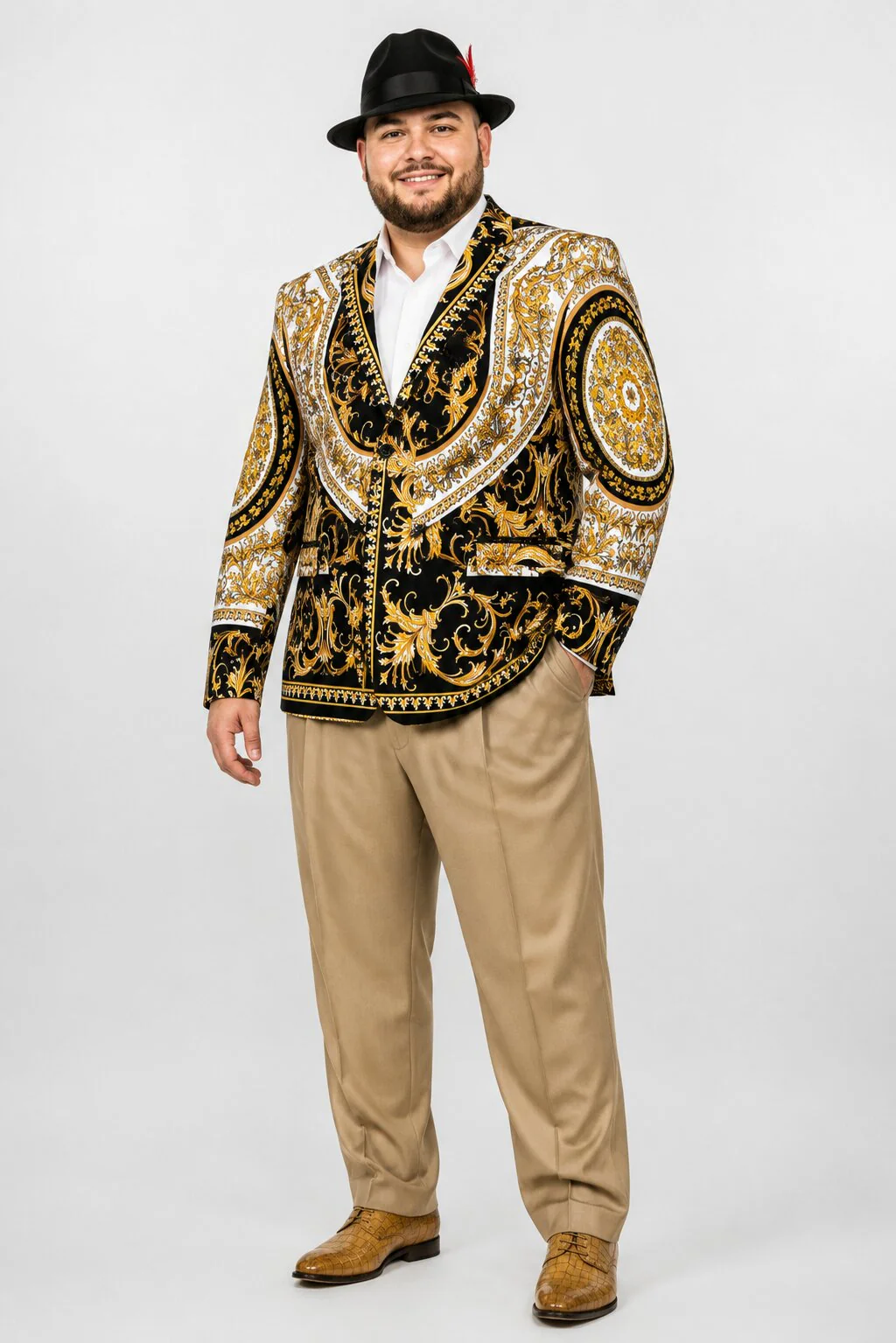 Men’s Black and Gold Baroque Blazer with Matching Pants, Hat, and Shoes – Luxury Party and Wedding Outfit Set - Image 8